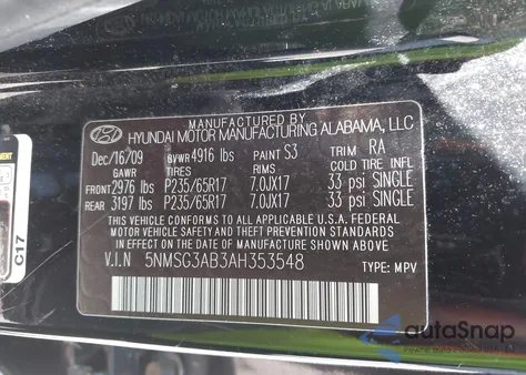 2010 Hyundai Santa Fe Gls z USA, uszkodzony, nr VIN 5NMSG3AB3AH353548